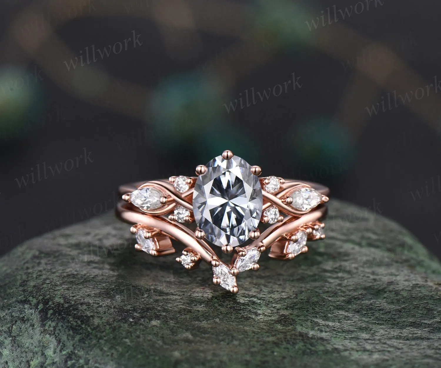 Vintage oval cut gray moissanite engagement ring set 14k rose gold marquise cut diamond ring women unique promise bridal wedding ring set sold by Willwork Jewelry