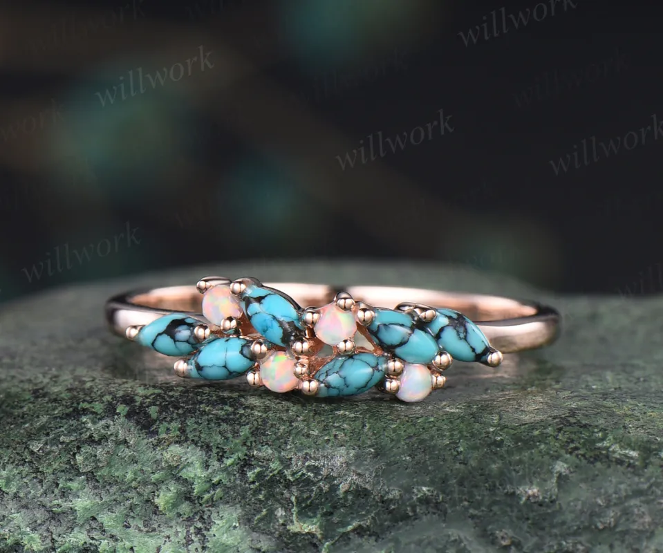 Antique turquoise wedding band white opal ring solid rose gold unique cluster marquise teal green gems stackable ring for women bridal gifts made by Willwork Jewelry