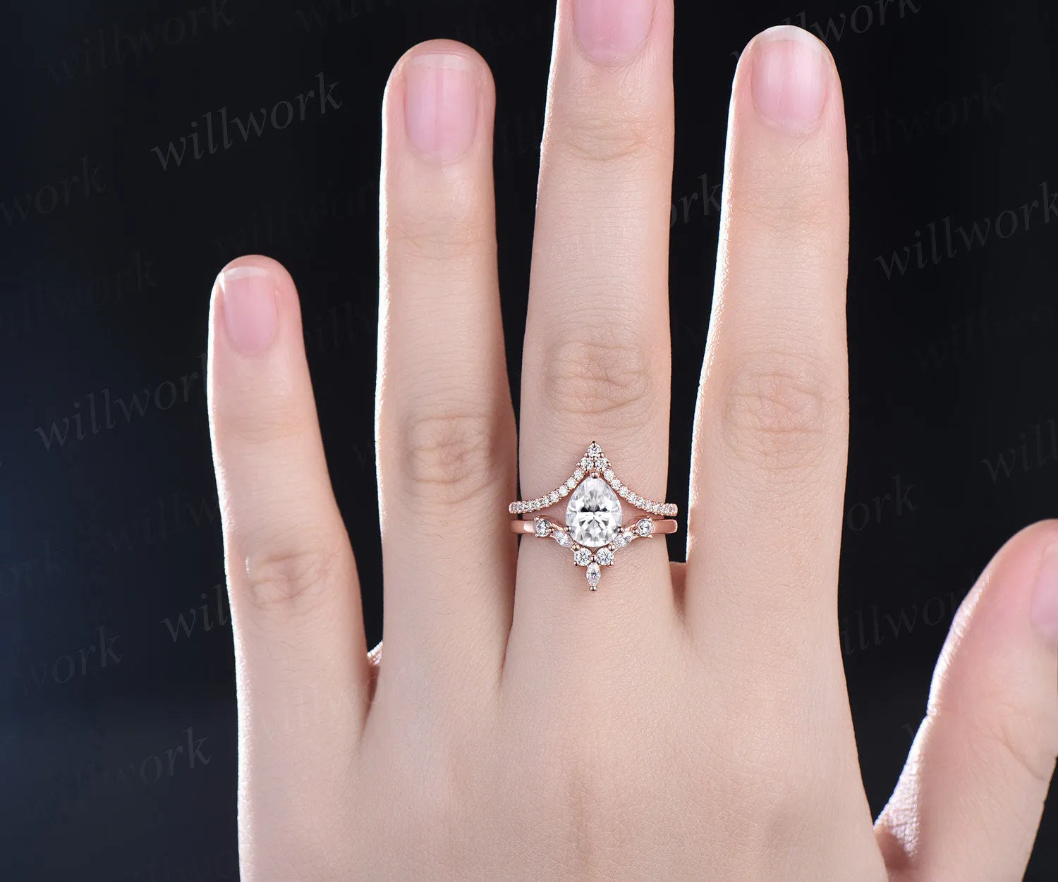 Teardrop moissanite engagement ring set curved V shape band wedding band vintage art deco crown bridal set 14k rose gold promise ring anniversary gifts sold by Willwork Jewelry product image thumbnail 3