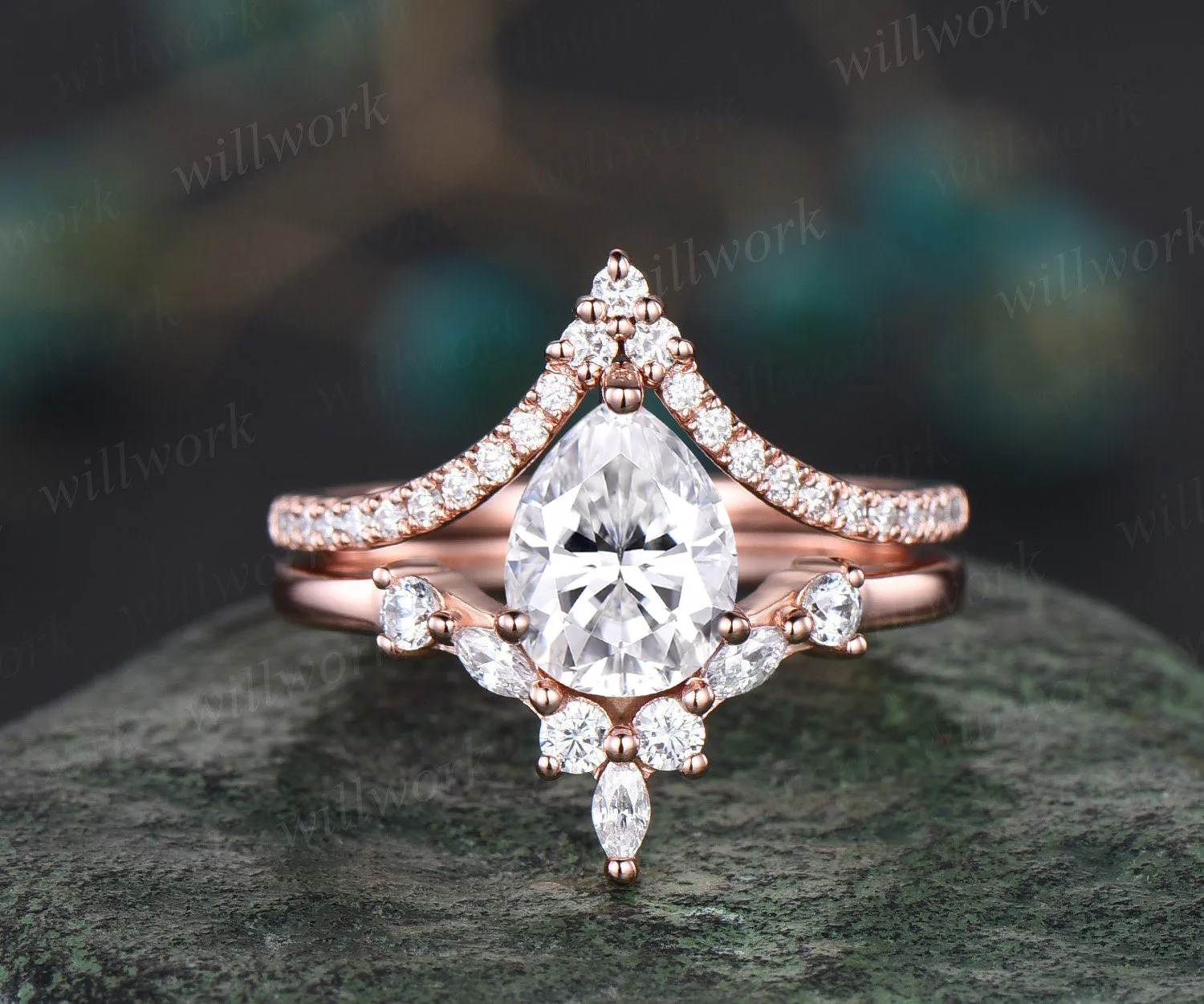 Teardrop moissanite engagement ring set curved V shape band wedding band vintage art deco crown bridal set 14k rose gold promise ring anniversary gifts sold by Willwork Jewelry product image thumbnail 2