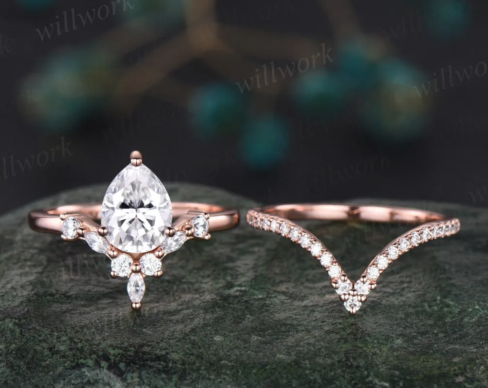 Teardrop moissanite engagement ring set curved V shape band wedding band vintage art deco crown bridal set 14k rose gold promise ring anniversary gifts sold by Willwork Jewelry
