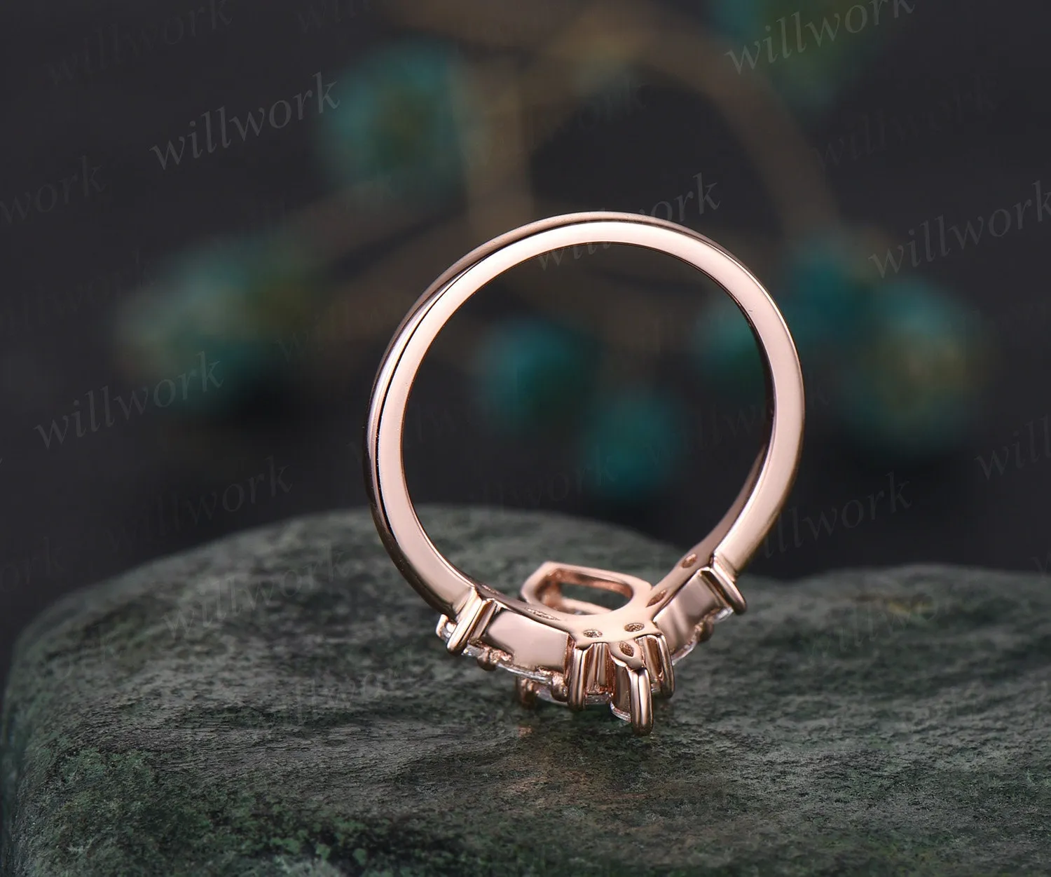 Teardrop moissanite engagement ring set curved V shape band wedding band vintage art deco crown bridal set 14k rose gold promise ring anniversary gifts sold by Willwork Jewelry product image thumbnail 5