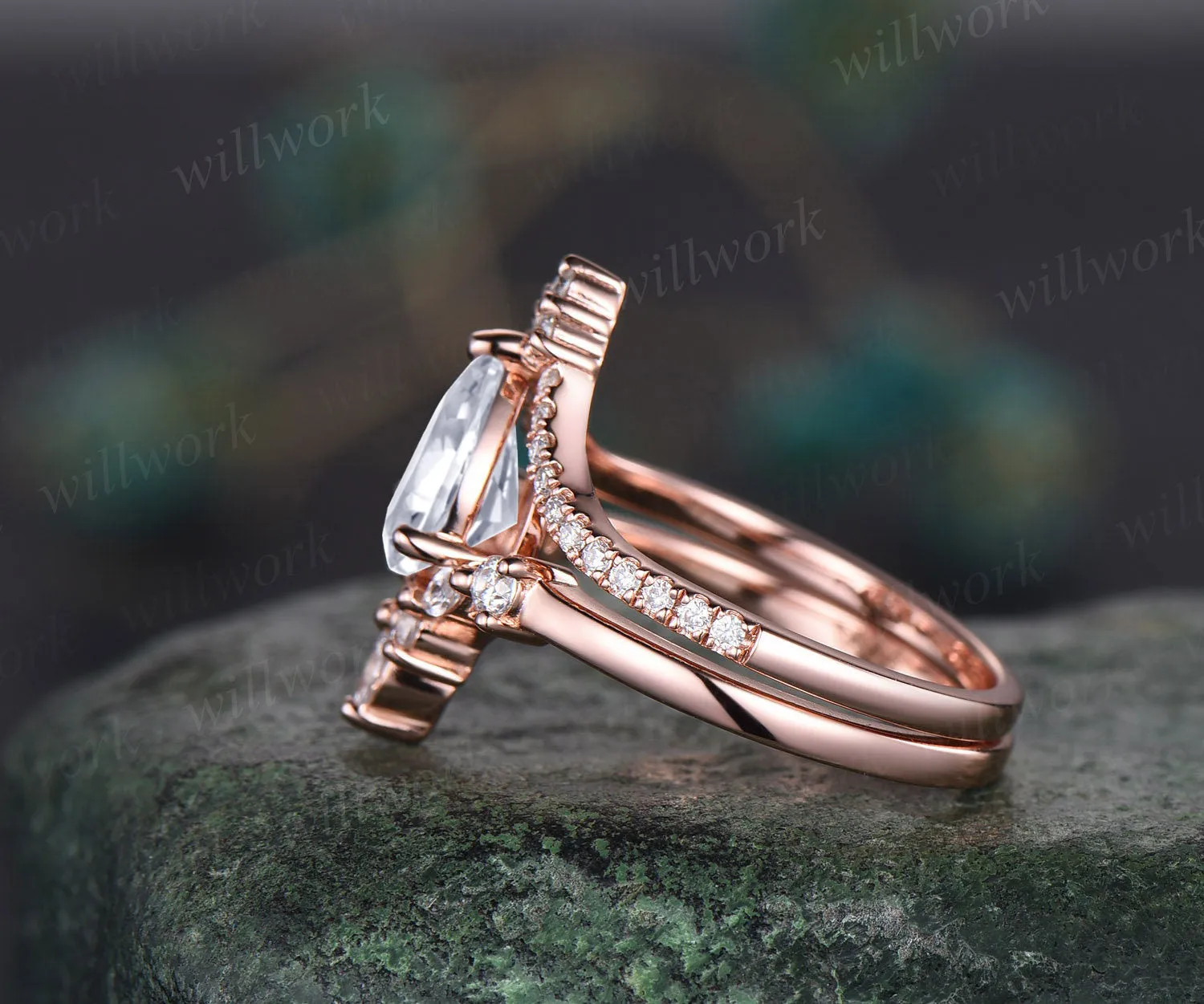Teardrop moissanite engagement ring set curved V shape band wedding band vintage art deco crown bridal set 14k rose gold promise ring anniversary gifts sold by Willwork Jewelry product image thumbnail 4
