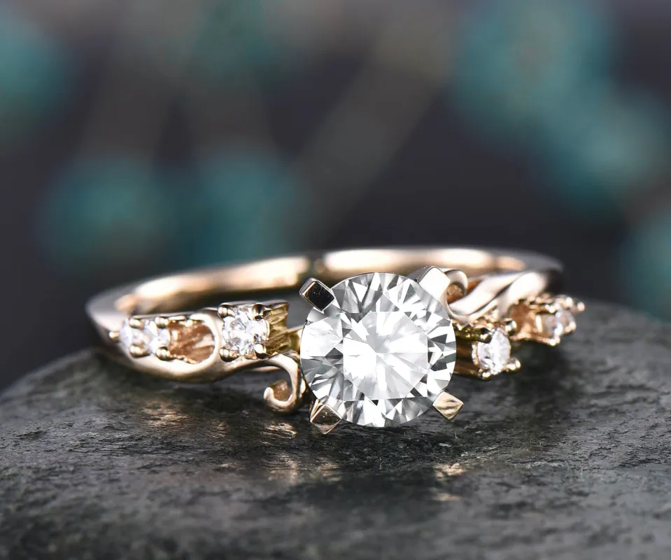 6.5mm round cut moissanite engagement ring solid gold unique art deco diamonds wedding ring promise anniversary gifts sold by Willwork Jewelry