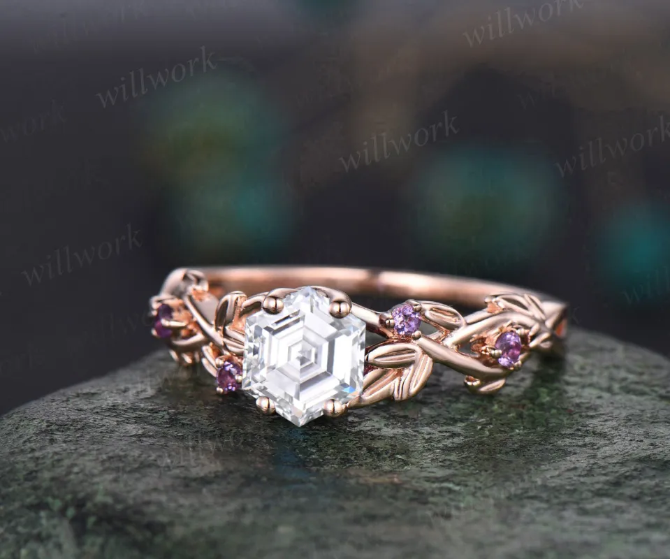 Unique hexagon shape moissanite engagement ring twig leaf natural amethyst ring vintage birthstones ring proposal wedding ring for women sold by Willwork Jewelry