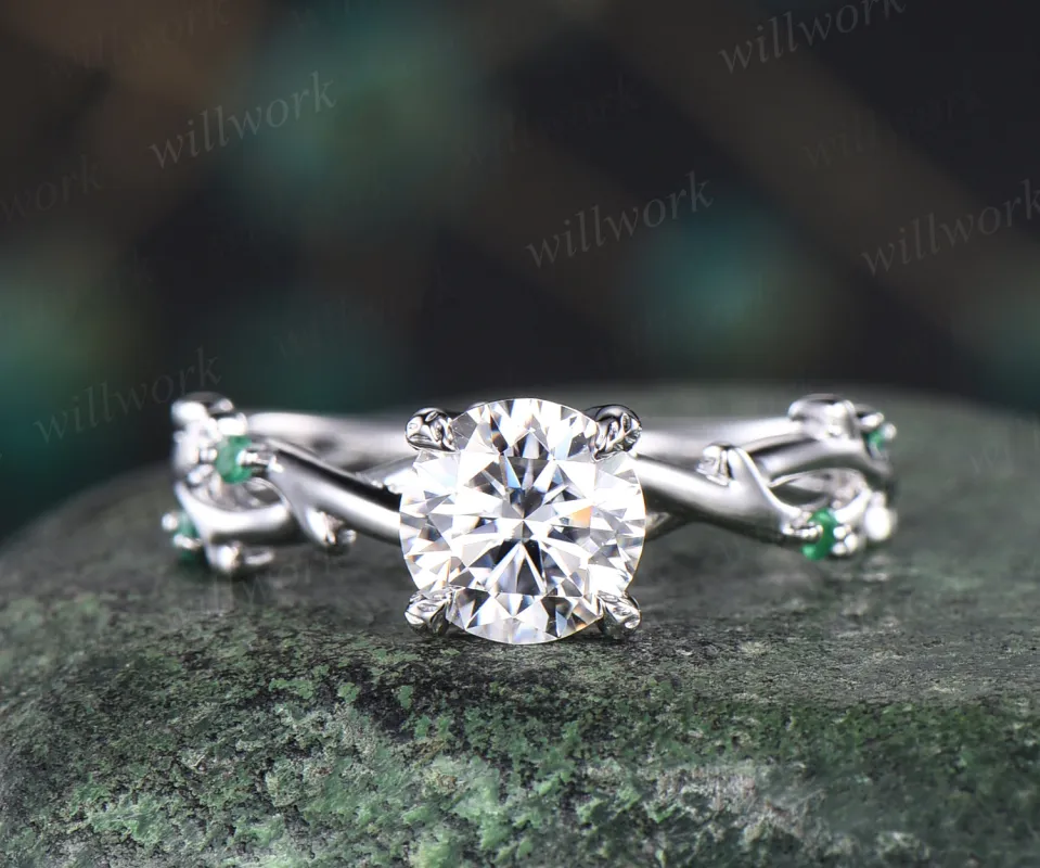 6.5mm round cut moissanite engagement ring 14k white gold five stone leaf branches diamond ring women unique nature inspired anniversary ring gift for her made by Willwork Jewelry