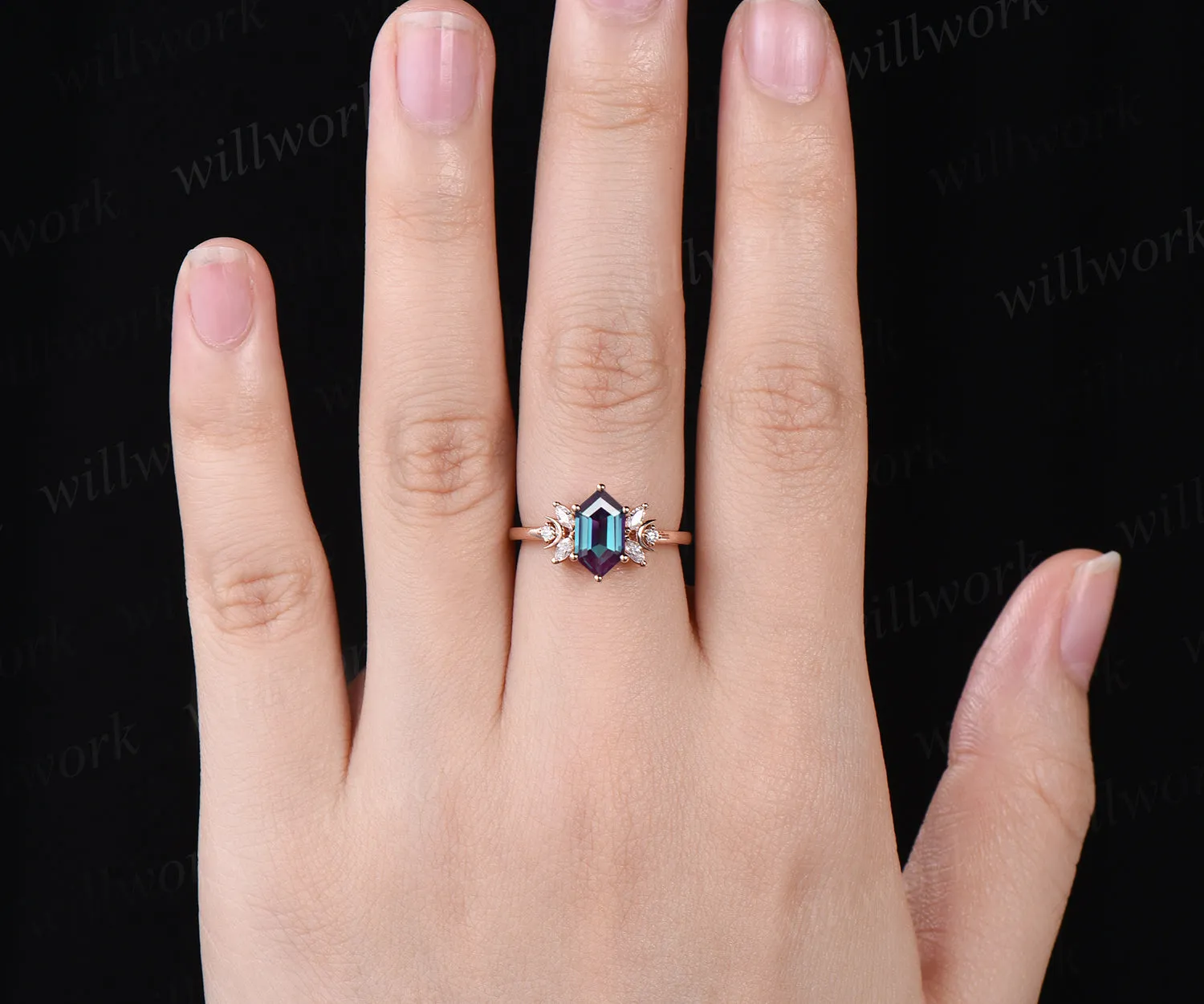 Hexagon cut alexandrite engagement ring unique art deco moissanite ring moon 14k rose gold 7 stones ring June birthstone proposal wedding ring for women sold by Willwork Jewelry product image thumbnail 2