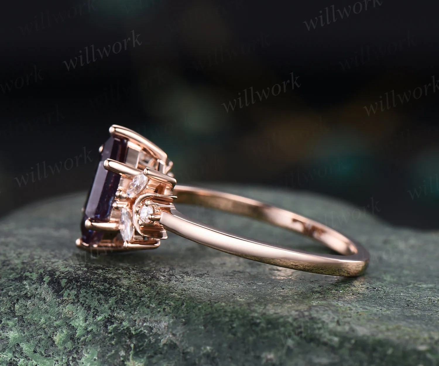 Hexagon cut alexandrite engagement ring unique art deco moissanite ring moon 14k rose gold 7 stones ring June birthstone proposal wedding ring for women sold by Willwork Jewelry product image thumbnail 4