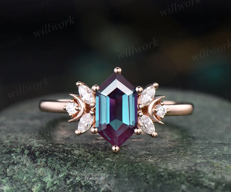 Hexagon cut alexandrite engagement ring unique art deco moissanite ring moon 14k rose gold 7 stones ring June birthstone proposal wedding ring for women made by Willwork Jewelry