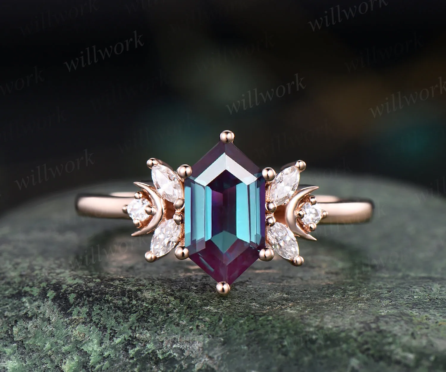 Hexagon cut alexandrite engagement ring unique art deco moissanite ring moon 14k rose gold 7 stones ring June birthstone proposal wedding ring for women sold by Willwork Jewelry