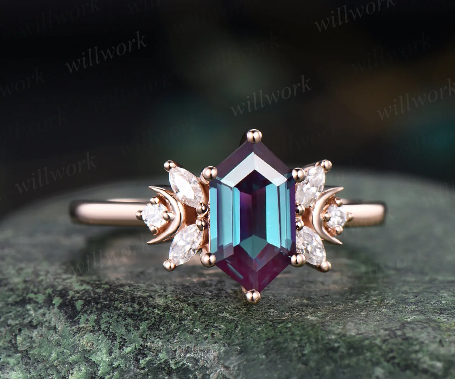 Hexagon cut alexandrite engagement ring unique art deco moissanite ring moon 14k rose gold 7 stones ring June birthstone proposal wedding ring for women sold by Willwork Jewelry product image thumbnail 3