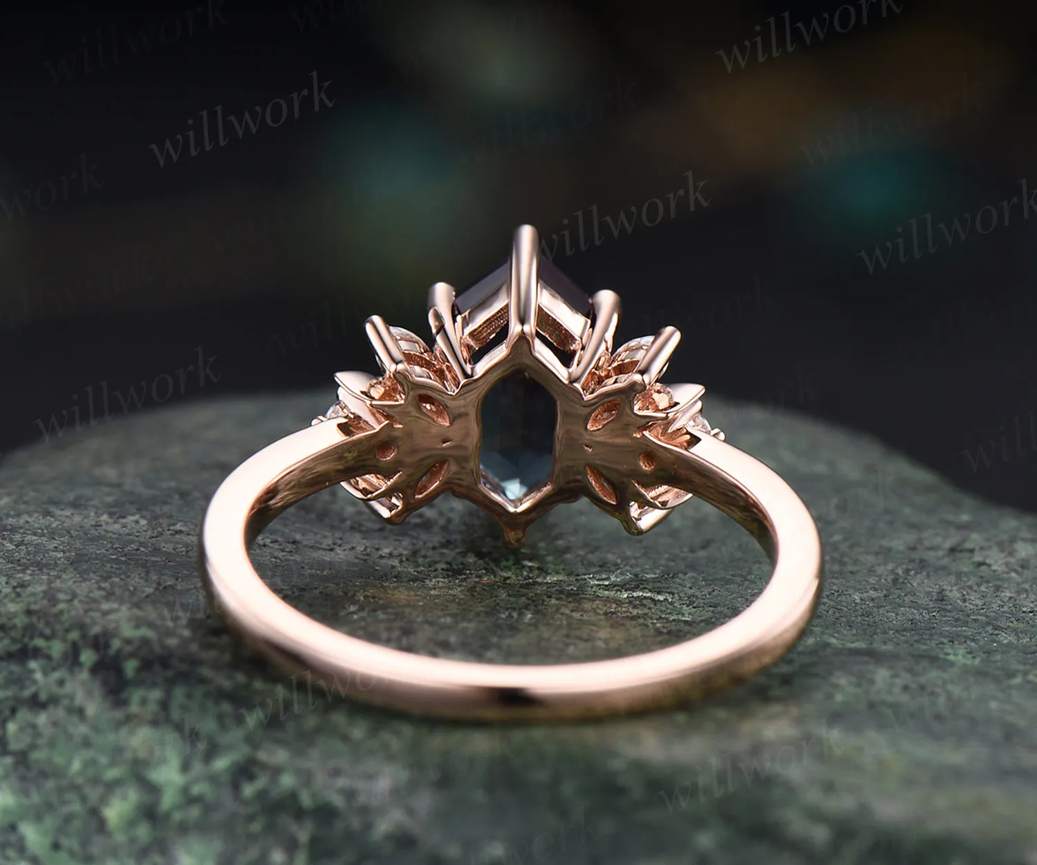 Hexagon cut alexandrite engagement ring unique art deco moissanite ring moon 14k rose gold 7 stones ring June birthstone proposal wedding ring for women sold by Willwork Jewelry product image thumbnail 5