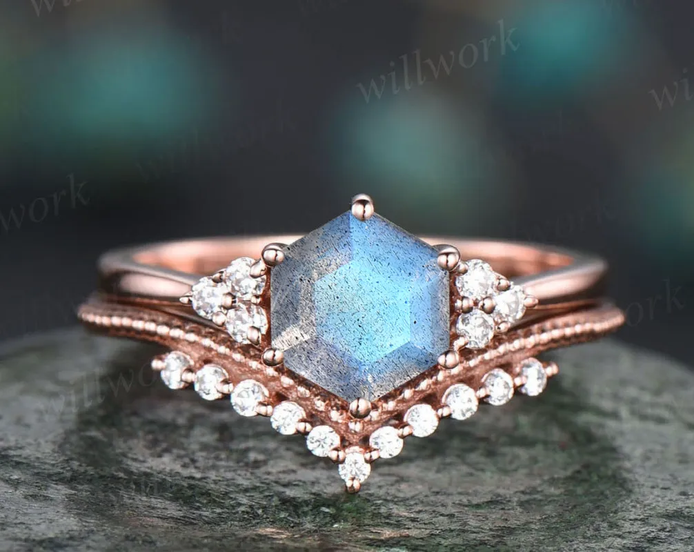 Natural blue labradorite engagement ring set unique hexagon labradorite 7 stones ring art deco milgrain moissanite wedding band bridal set for women sold by Willwork Jewelry
