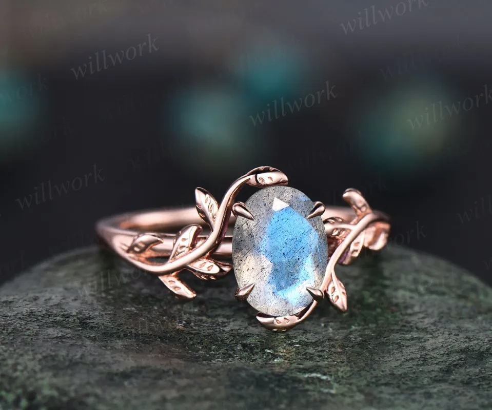 Natural blue labradorite engagement ring art deco leaf twig solitaire ring solid 14k rose gold band alternative moonstone ring jewelry gifts sold by Willwork Jewelry