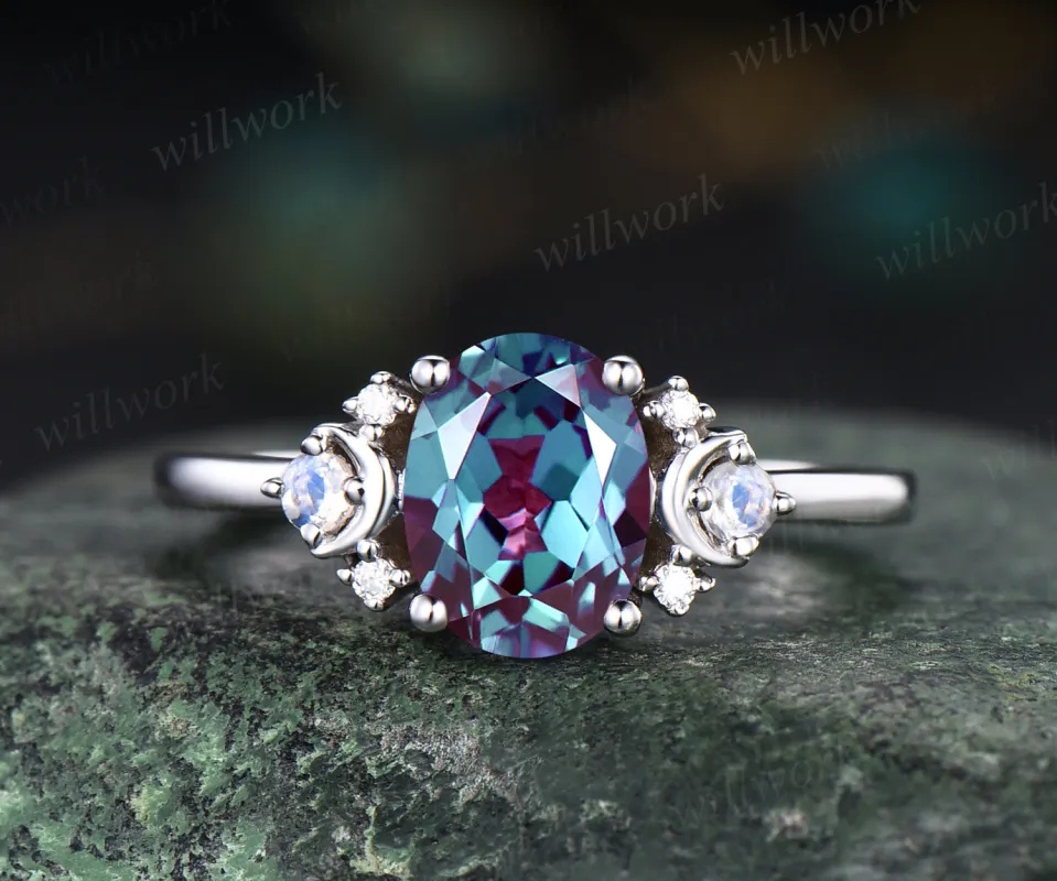 1.5ct oval cut Alexandrite engagement ring unique deco moon ring crescent nature inspired ring June birthstone promise anniversary ring for women sold by Willwork Jewelry