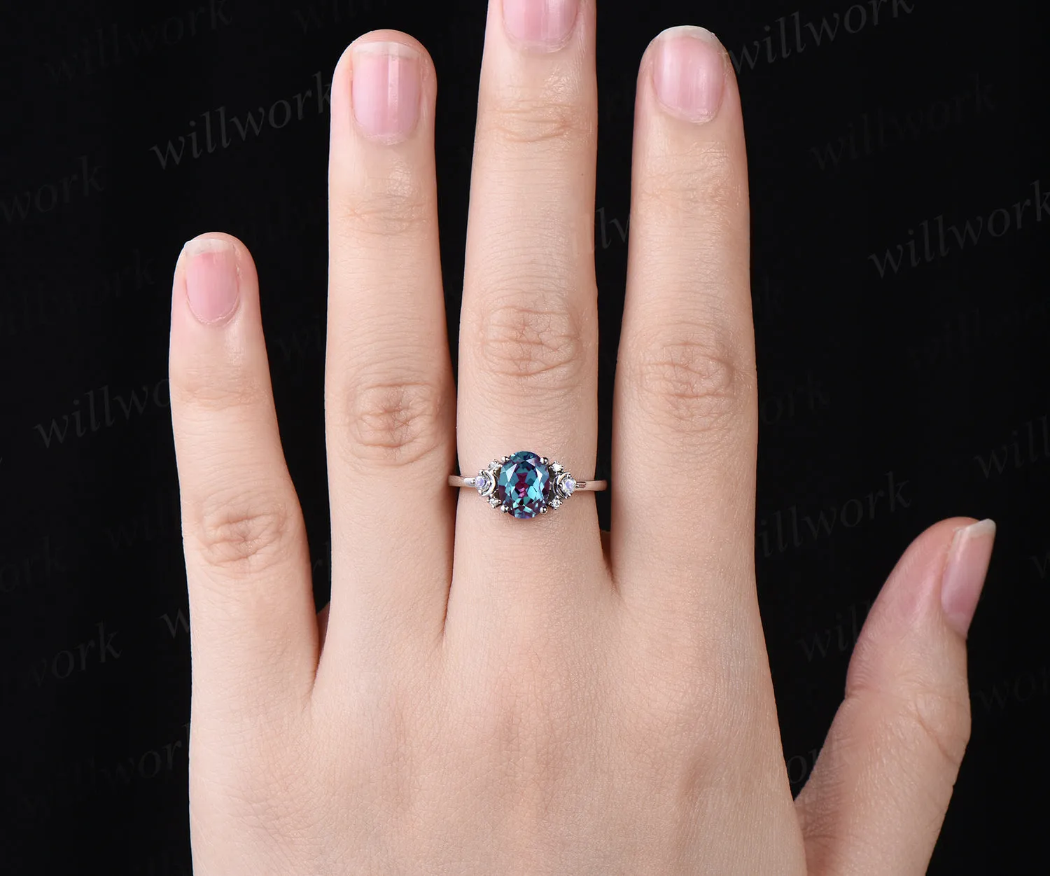 1.5ct oval cut Alexandrite engagement ring unique deco moon ring crescent nature inspired ring June birthstone promise anniversary ring for women sold by Willwork Jewelry product image thumbnail 2