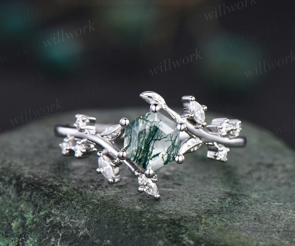 6x6mm hexagon moss agate ring twig nature inspired engagement ring white gold leaf marquise moissanite bridal wedding ring anniversary gifts sold by Willwork Jewelry