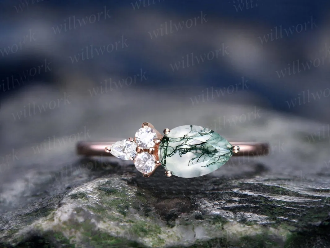 Pear shaped green moss agate ring vintage dainty engagement ring women rose gold 4 stone moissanite ring unique bridal wedding promise ring sold by Willwork Jewelry