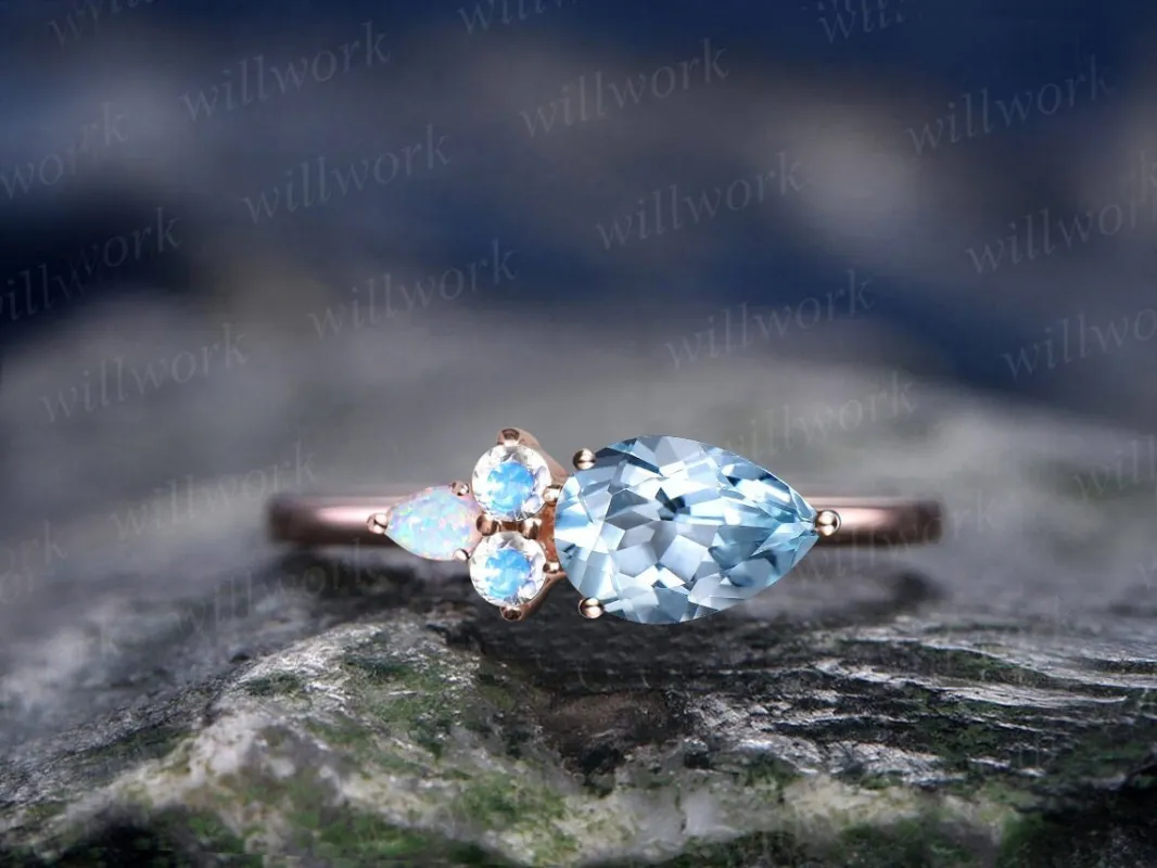 Dainty Pear shaped aquamarine engagement ring solid 14k rose gold moonstone ring vintage opal ring women unique anniversary wedding ring sold by Willwork Jewelry