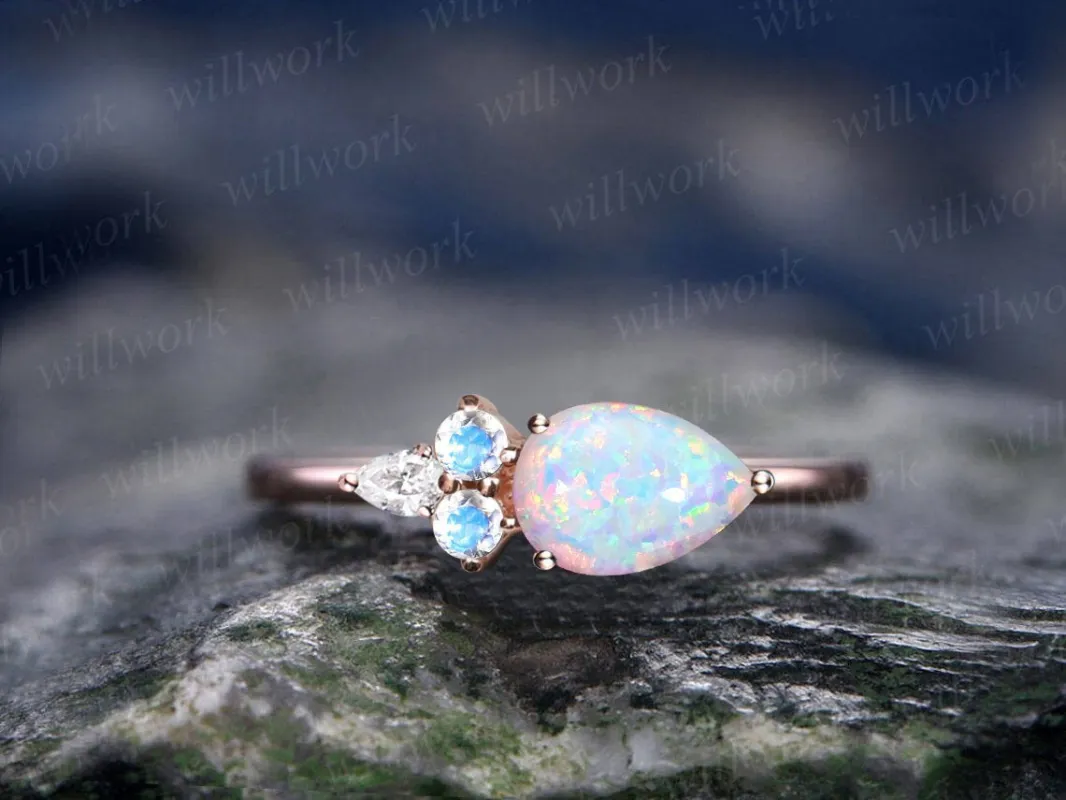 Pear shaped opal ring vintage five stone East To West unique opal engagement ring 14k rose gold dainty moonstone bridal ring for women gift sold by Willwork Jewelry
