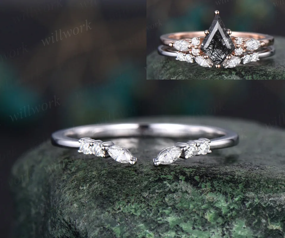 Open gap curved art deco diamond wedding band solid 14k white gold 6 stone ring moissanite stacking ring band women anniversary ring gift made by Willwork Jewelry