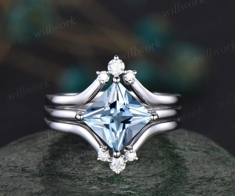 Princess cut Aquamarine engagement ring set solid 14k white gold three stone Minimalist Solitaire unique anniversary wedding ring set women made by Willwork Jewelry