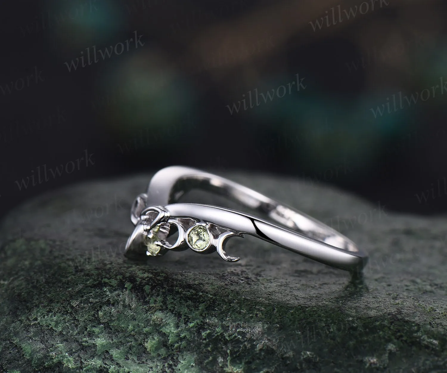 Curved peridot wedding band solid 14k white gold four stone moon ring Celtic knot Norse Viking wedding ring band August birthstone ring gift sold by Willwork Jewelry product image thumbnail 4