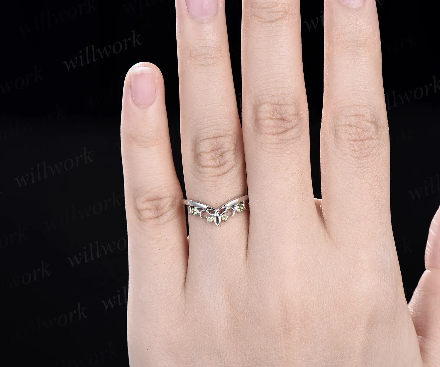 Curved peridot wedding band solid 14k white gold four stone moon ring Celtic knot Norse Viking wedding ring band August birthstone ring gift sold by Willwork Jewelry product image thumbnail 2