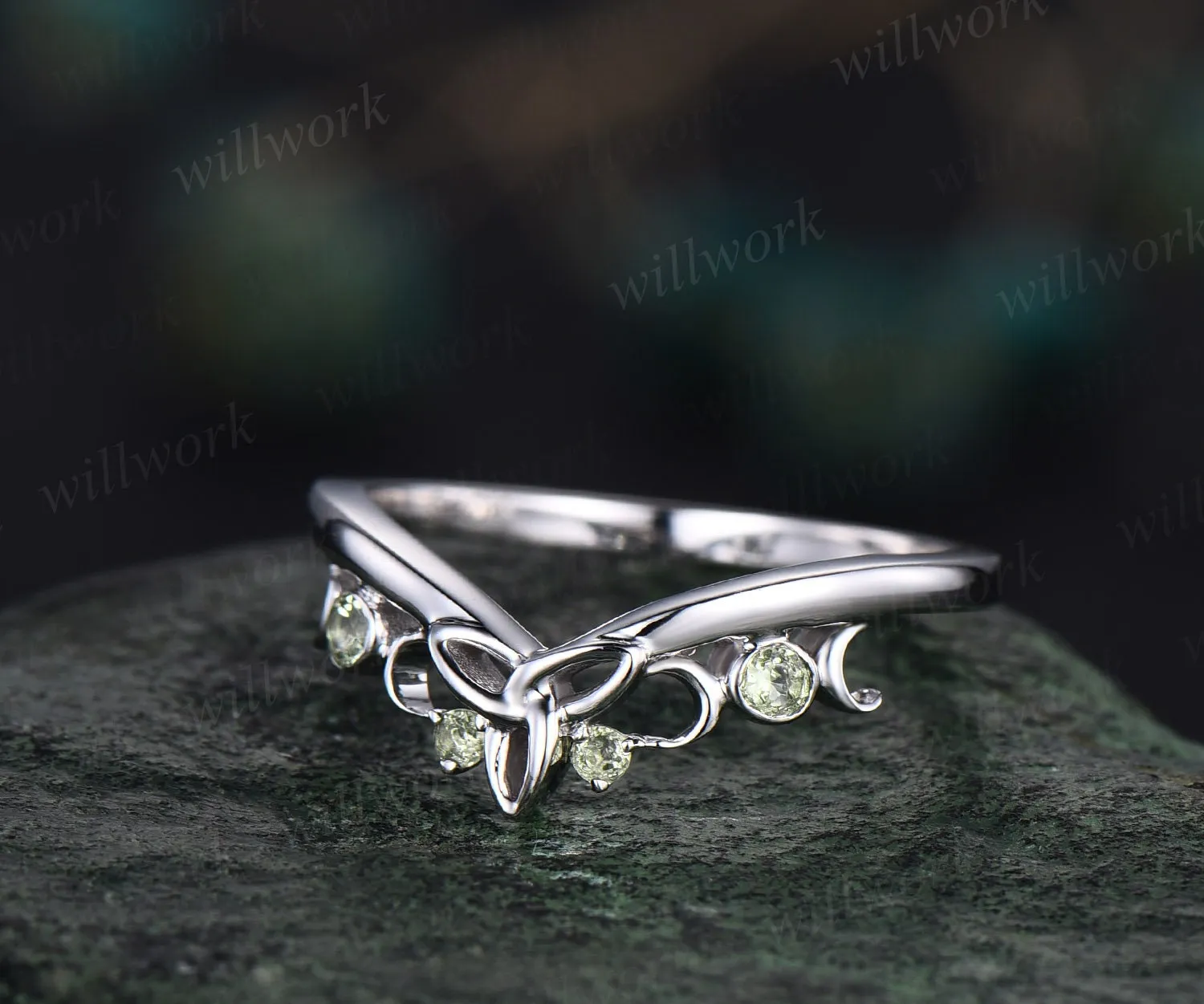 Curved peridot wedding band solid 14k white gold four stone moon ring Celtic knot Norse Viking wedding ring band August birthstone ring gift sold by Willwork Jewelry product image thumbnail 3