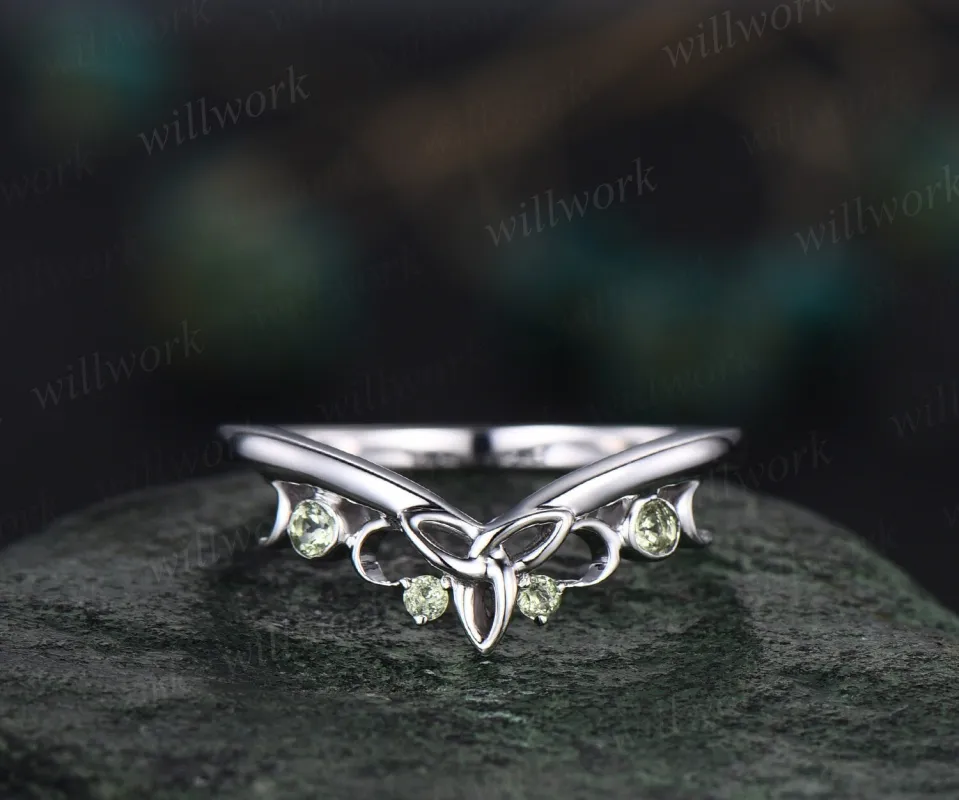 Curved peridot wedding band solid 14k white gold four stone moon ring Celtic knot Norse Viking wedding ring band August birthstone ring gift made by Willwork Jewelry