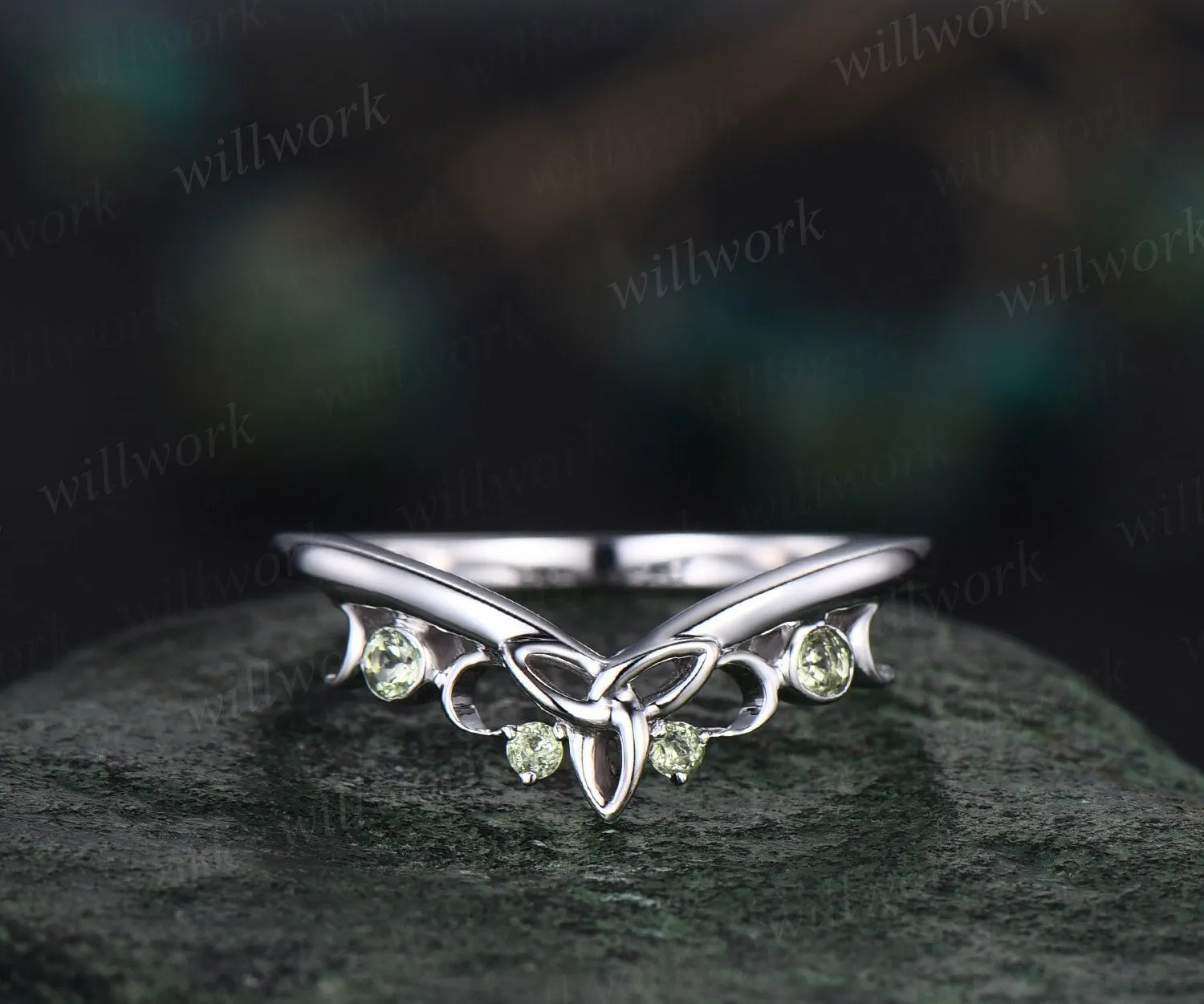 Curved peridot wedding band solid 14k white gold four stone moon ring Celtic knot Norse Viking wedding ring band August birthstone ring gift sold by Willwork Jewelry