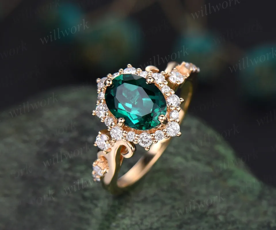 Vintage oval cut emerald engagement ring halo diamond ring 14k yellow gold art deco May birthstone ring unique bridal ring women jewelry sold by Willwork Jewelry