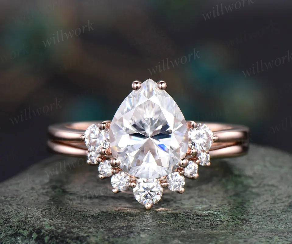 8x10mm pear shaped Moissanite engagement ring set solid 14k rose gold three stone Minimalist unique wedding promise bridal ring set women sold by Willwork Jewelry
