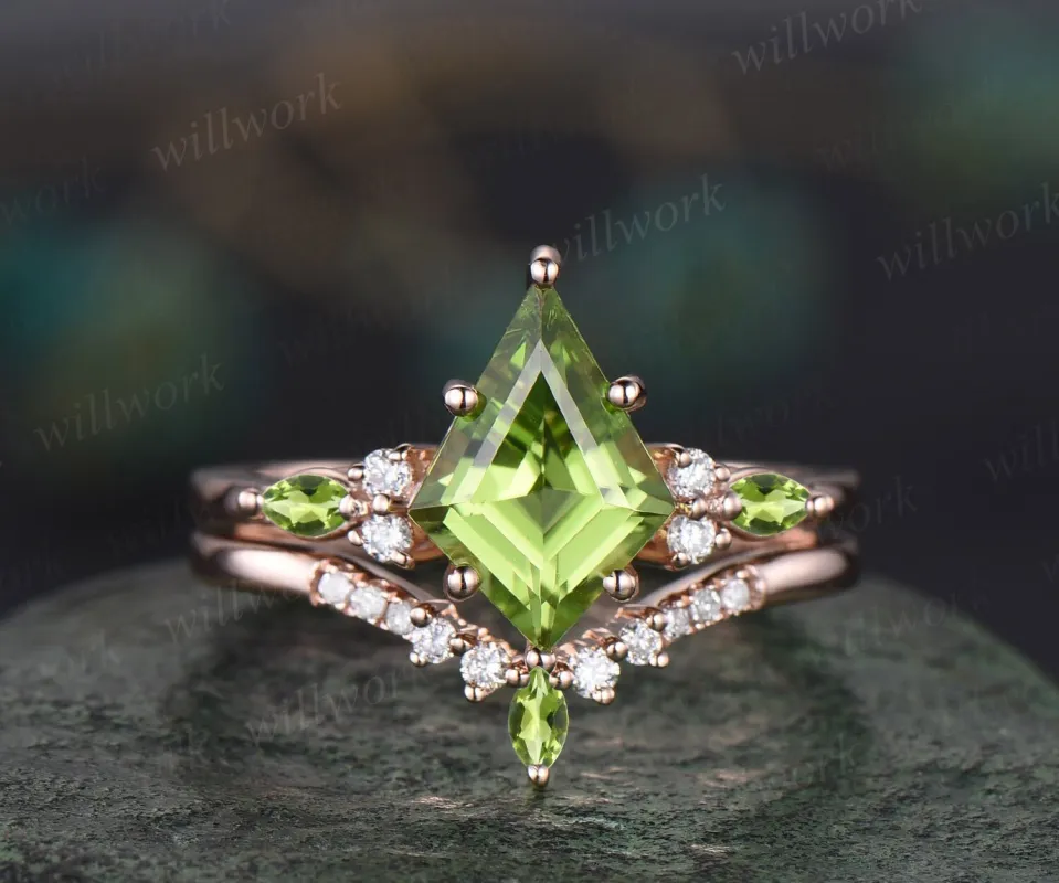 8x11mm kite cut peridot ring solid 14k rose gold green peridot engagement ring se women art deco vintage diamond wedding bridal ring set made by Willwork Jewelry