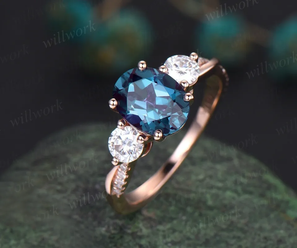 Vintage oval cut Alexandrite engagement ring solid 14k rose gold eternity twisted moissanite wedding promise bridal ring women fine jewelry sold by Willwork Jewelry