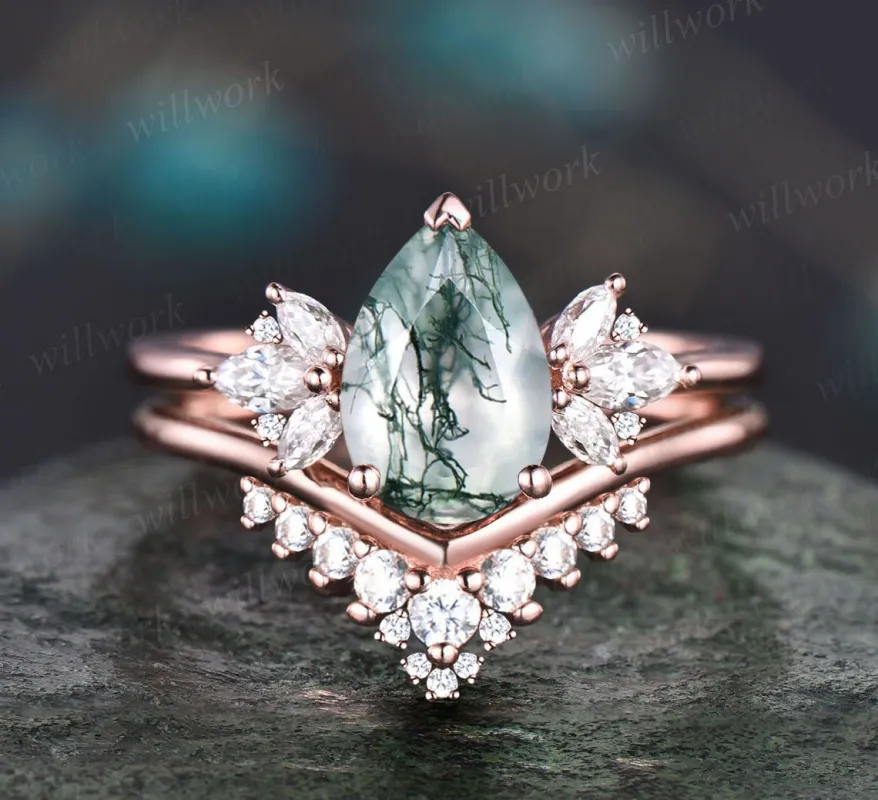 6x9mm Pear shaped green moss agate engagement ring art deco rose gold cluster diamond ring vintage stacking wedding bridal ring set women sold by Willwork Jewelry
