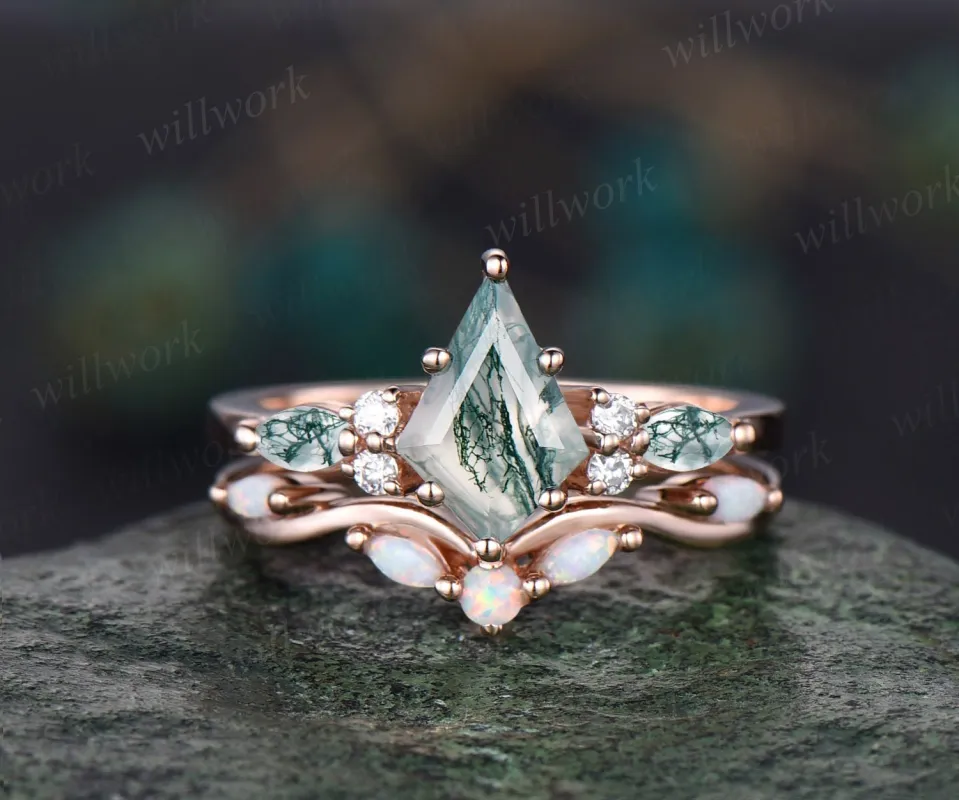 Kite cut green moss agate engagement ring 14k rose gold marquise cut ring diamond opal ring women unique anniversary ring set jewelry gift sold by Willwork Jewelry