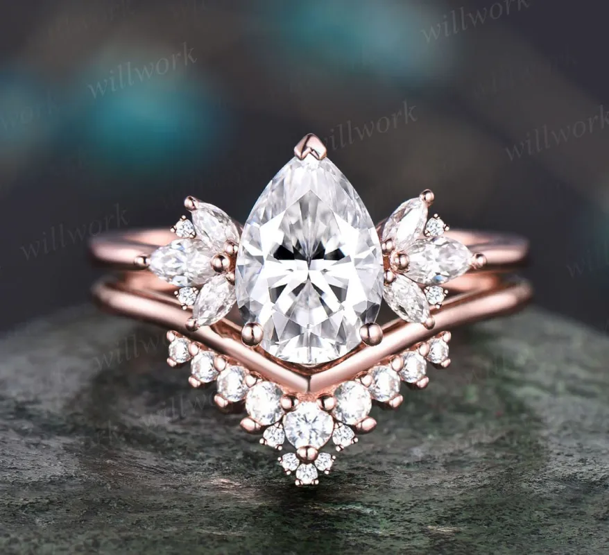 6x9mm Pear shaped moissanite engagement ring art deco 14k rose gold cluster diamond ring vintage unique wedding bridal ring set for women sold by Willwork Jewelry