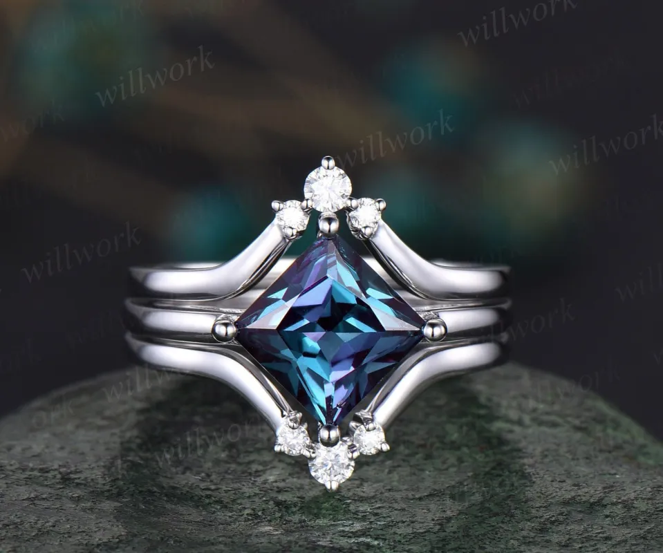 Princess cut Alexandrite engagement ring set solid 14k white gold three stone Minimalist Solitaire unique anniversary bridal ring set women sold by Willwork Jewelry