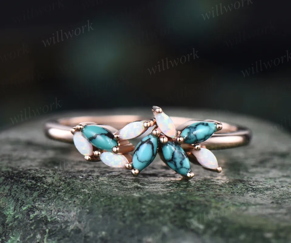 Unique turquoise wedding band opal turquoise ring solid rose gold art deco marqiuse cluster ring stacking ring for women bridal gifts made by Willwork Jewelry