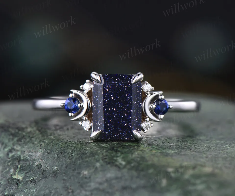 Vintage emerald cut blue sandstone engagement ring 14k white gold crescent ring sapphire cluster moon ring 7 stones ring for women anniversary gifts sold by Willwork Jewelry