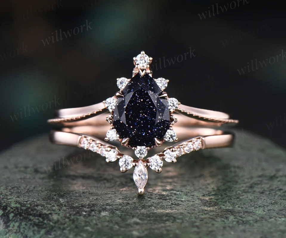 Pear shape blue sandstone engagement ring vintage art deco sandstone ring set solid 14k rose gold moissanite wedding band bridal set jewelry gifts sold by Willwork Jewelry