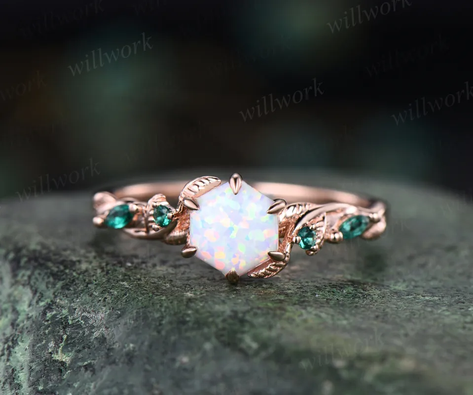 Unique hexange shape opal engagement ring twig emerald ring solid 14k rose gold nature inspired art deco marquise emerald ring October birthstone ring sold by Willwork Jewelry