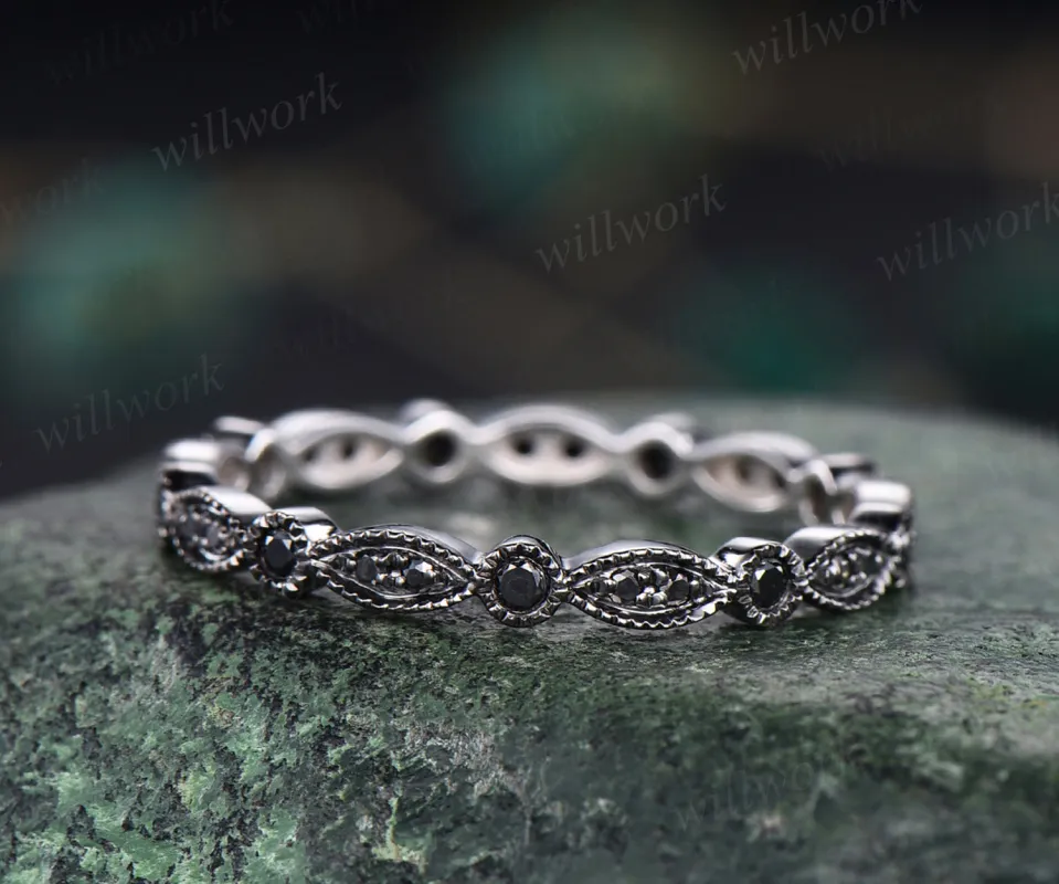 Vintage black diamonds wedding band milgrain art dece full eternity band 14k white gold unique stacking ring bridal gifts anniversary promise ring made by Willwork Jewelry