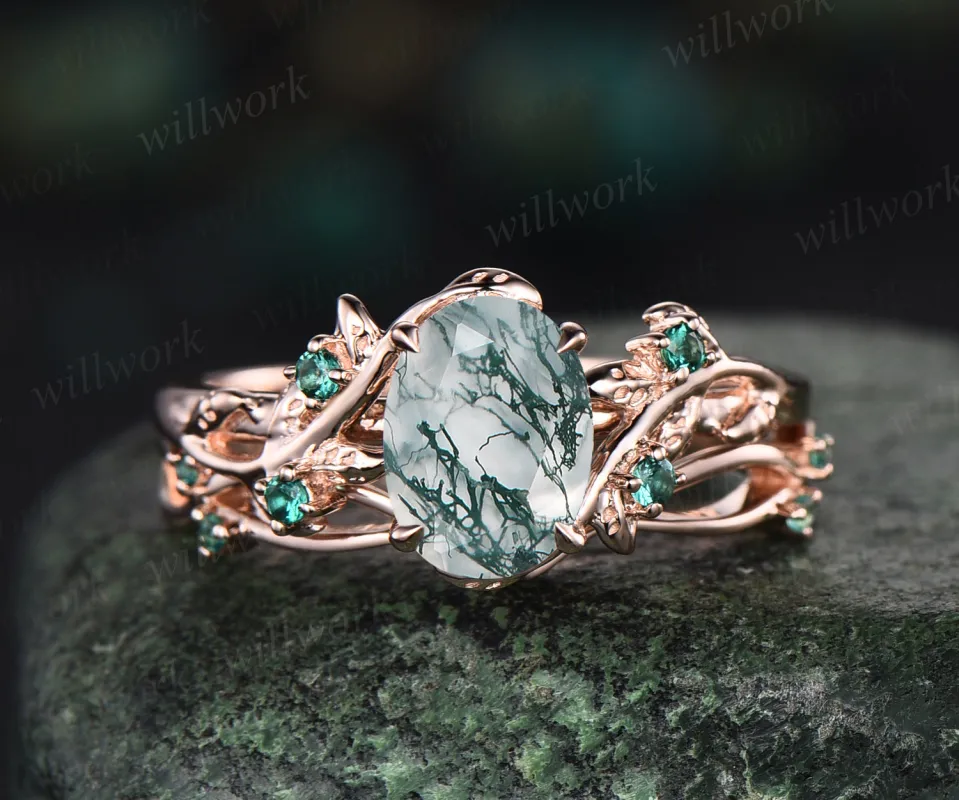 6x8mm oval cut natural moss agate nature inspired engagement ring set 14k rose gold twig leaf ring art deco emerald wedding band bridal set jewelry gifts Anniversary gift sold by Willwork Jewelry