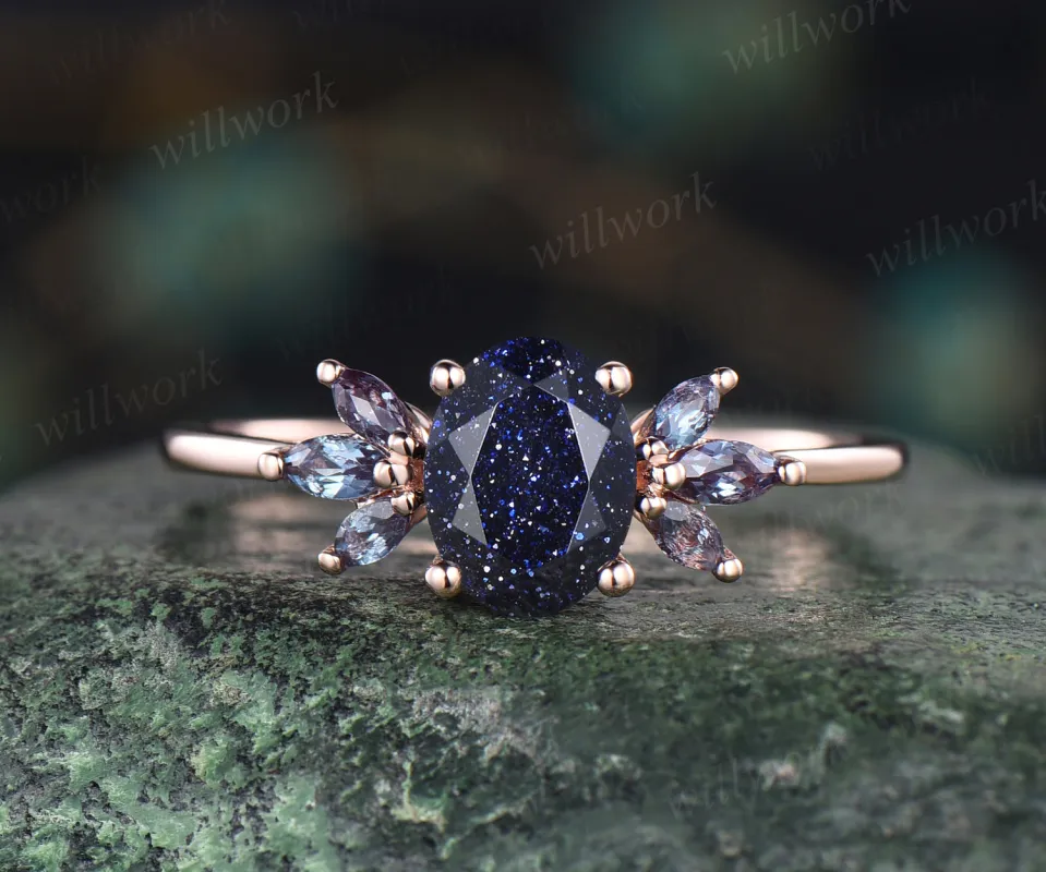 Oval cut blue sandstone engagement ring cluster alexandrite ring unique 14k rose gold 7 stones ring for women bridal gifts sold by Willwork Jewelry