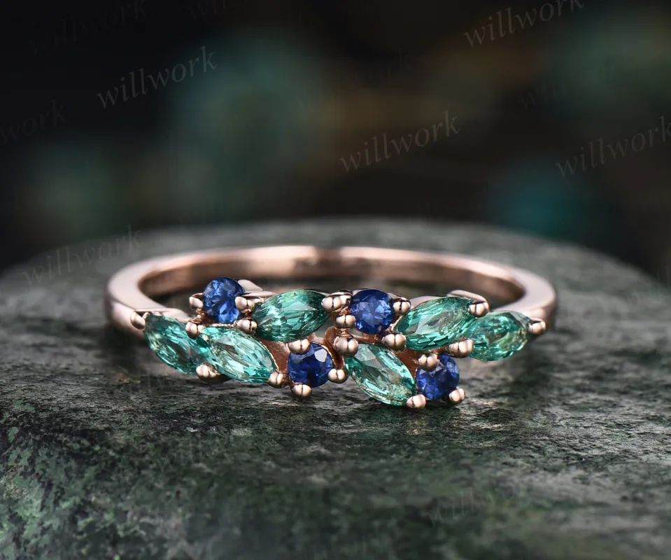Vintage marquise emerald wedding band blue sapphire cluster stackable ring 14k rose gold unique matching band May birthstone ring sold by Willwork Jewelry