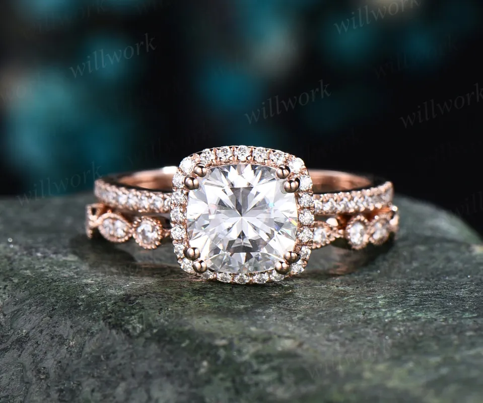 Vintage cushion cut moissanite engagement ring set rose gold half eternity halo ring art deco diamonds wedding band anniversary ring gifts for her made by Willwork Jewelry
