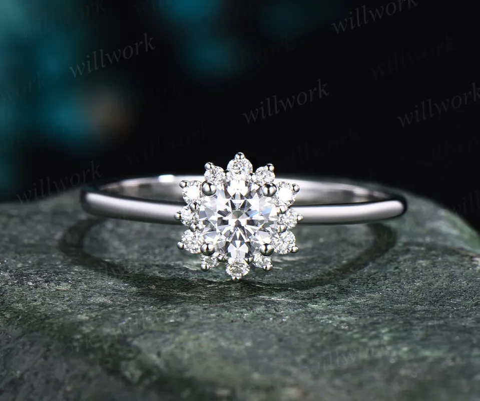 Dainty 5mm moissanite ring vintage round moissanite engagement ring  solid 14k white gold sunflower halo diamonds ring bridal gifts sold by Willwork Jewelry