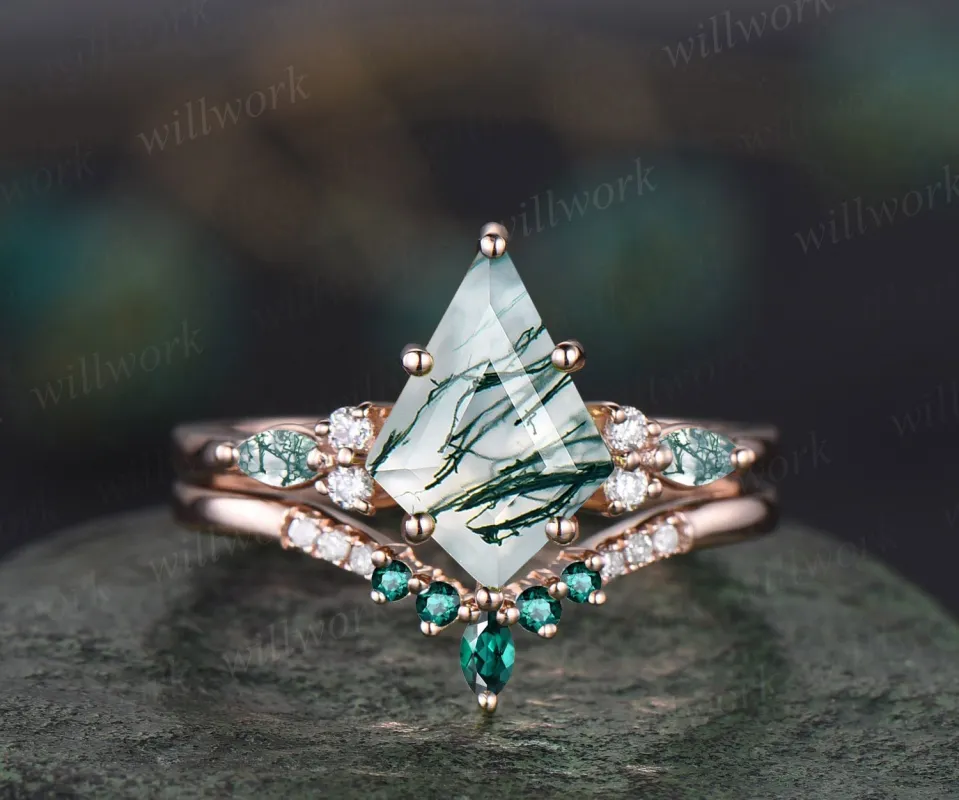 8x11mm kite cut green moss agate ring solid 14k rose gold moss agate engagement ring set emerald ring vintage diamond ring women bridal set sold by Willwork Jewelry